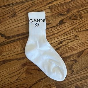 Ganni white crew socks, cursive black G logo on side, size XS/S